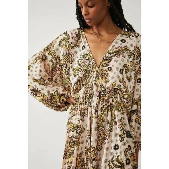 New Free People Arzel Mini Dress Long Sleeve Printed Tunic in Tea Combo XS - Picture 5 of 16